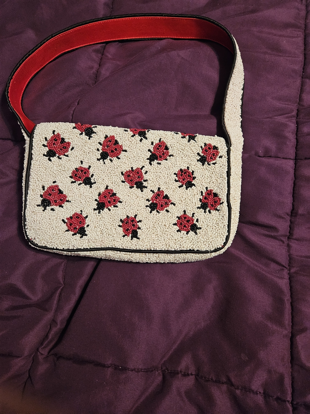 NWOT Beaded Cream Shoulder Bag with Red Floral Embroidery